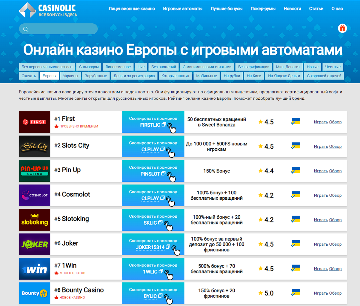 Европейские интернет-казино